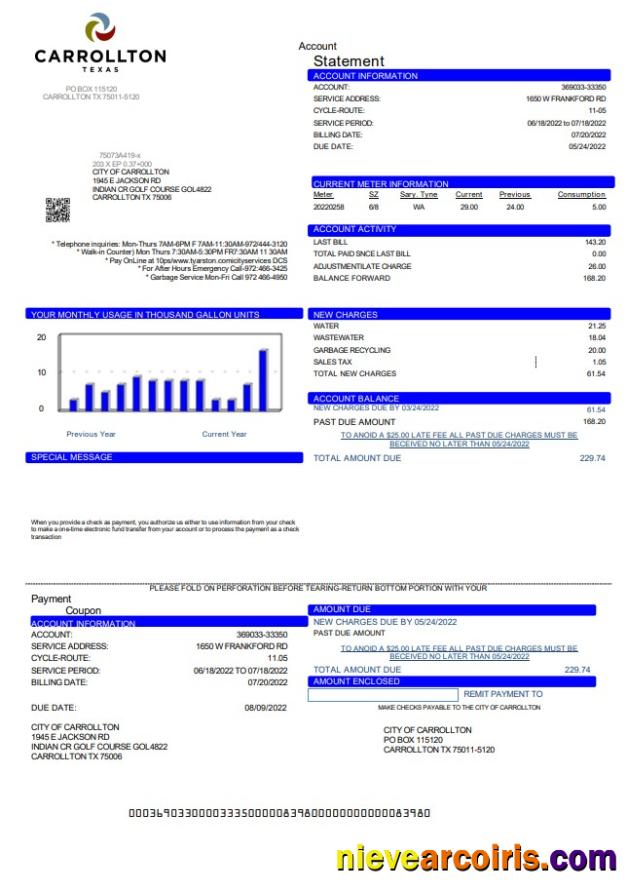 USA Texas Carrollton utility bill